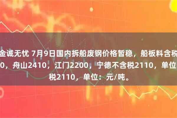 金诚无忧 7月9日国内拆船废钢价格暂稳，船板料含税江阴2380，舟山2410，江门2200，宁德不含税2110，单位：元/吨。